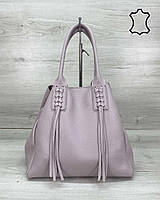 Качественная кожаная женская сумка-шоппер фиолетового цвета с косметичкой без подкладки