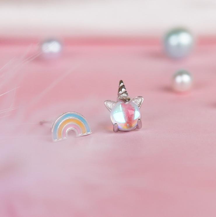 Набір прикрас Єдиноріг з веселкою, Каблучка + Сережки, комплект прикрас, срібне покриття 925 проби, фото 1