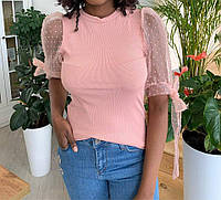 Блуза женская с прозрачными рукавами в горох размер универсал