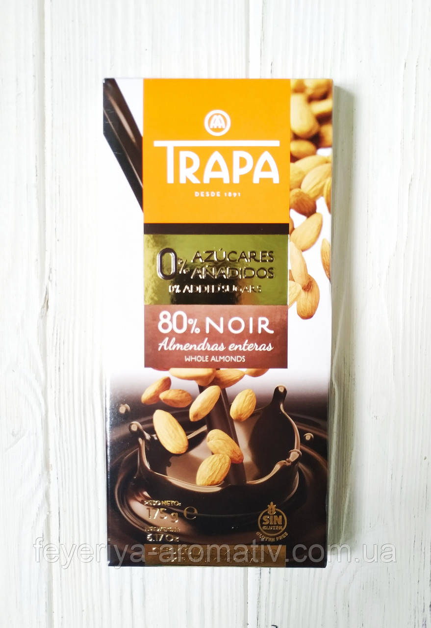 Шоколад без глютена и сахара TRAPA TRAPACAO черный 80% с миндалем 175г (Испания) - фото 1 - id-p1189800583