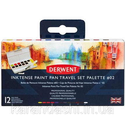 Набір Inktense Paint Pan Travel №2, 12 кольорів + кисть з резервуаром, Derwent 2305544, фото 2