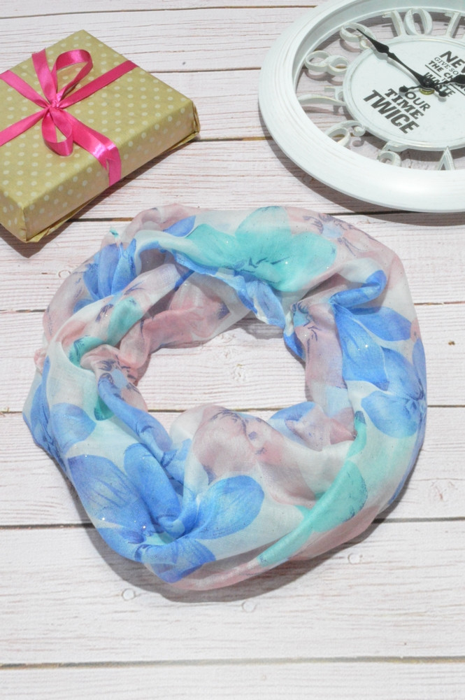 Легкий шарф хомут на шею женский красивый стильный из хлопка Eternity голубой с розовым - фото 1 - id-p1186504252