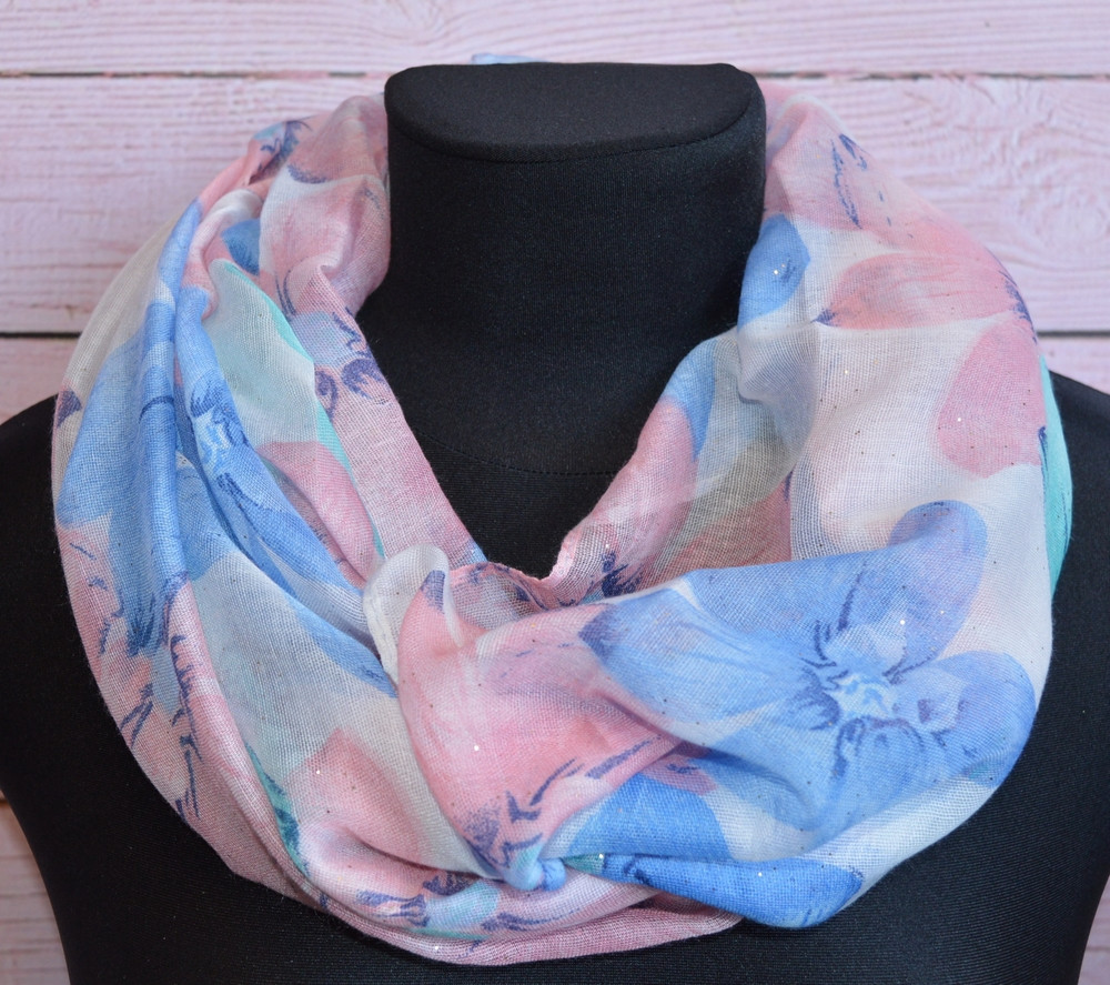 Легкий шарф хомут на шею женский красивый стильный из хлопка Eternity голубой с розовым - фото 4 - id-p1186504252