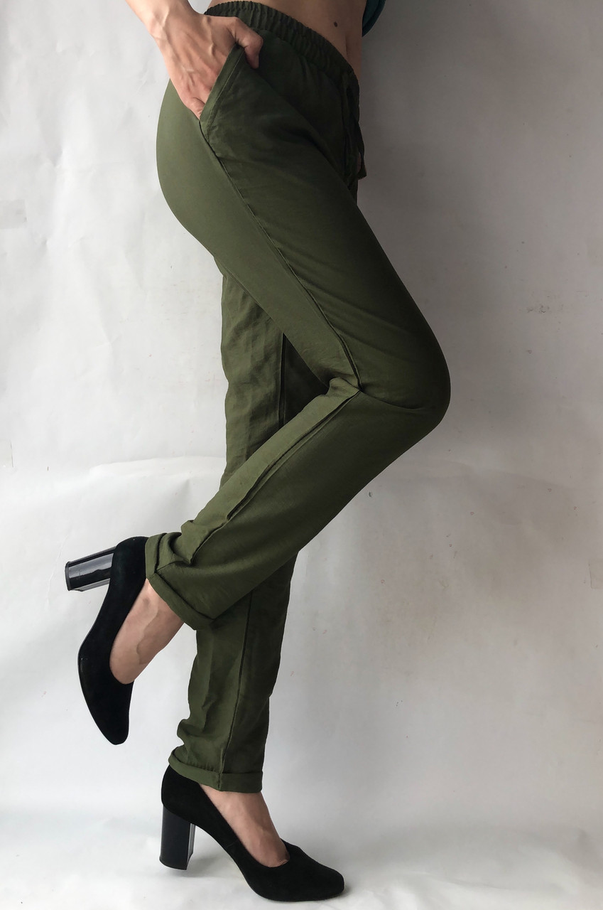 Жіночі літні штани, No23 льон жатка темний хакі