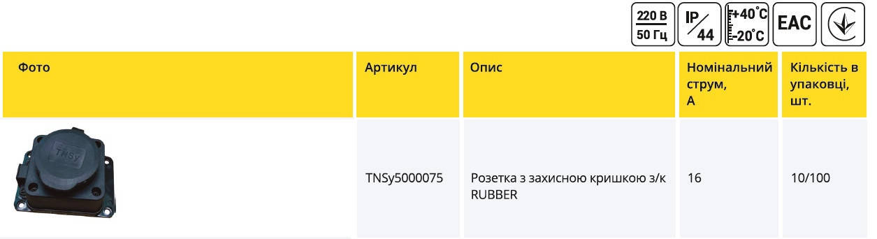 Розетка каучукова з заземленням і захисною кришкою RUBBER IP44 TNSy5000075, фото 2