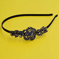 Обруч для волосся чорний метал, сірі стрази, ширина 5 мм