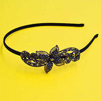 Обруч для волосся чорний метал, сірі стрази, ширина 5 мм