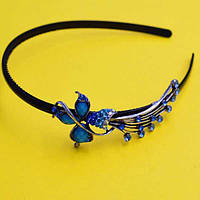 Обруч для волосся, чорний пластик, сріблястий метал, каміння, стрази, ширина 7 мм