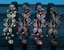 Обруч для волосся, чорний пластик, сріблястий метал, стрази, ширина 12 мм