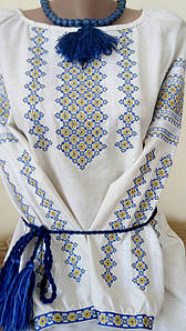Жіноча блуза на льоні з жовто голубим орнаментом "Делікатна" українська на льоні 44 розмір (льон -бежевий)