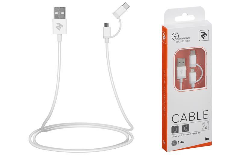 Кабель 2E USB to Micro + Type C, 5V/2.4A, 1m, White, фото 1