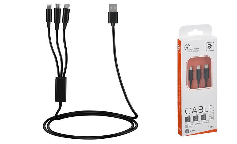 Кабель 2E USB 3 in 1 Micro/Lightning/Type C, 5V/2.4A, 1.2m, Black, фото 1