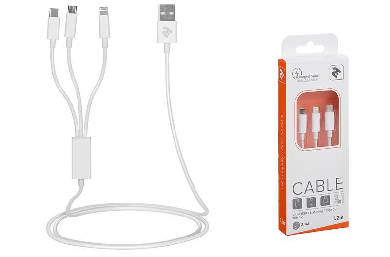 Кабель 2E USB 3 in 1 Micro/Lightning/Type C, 5V/2.4A, 1.2m, White, фото 1