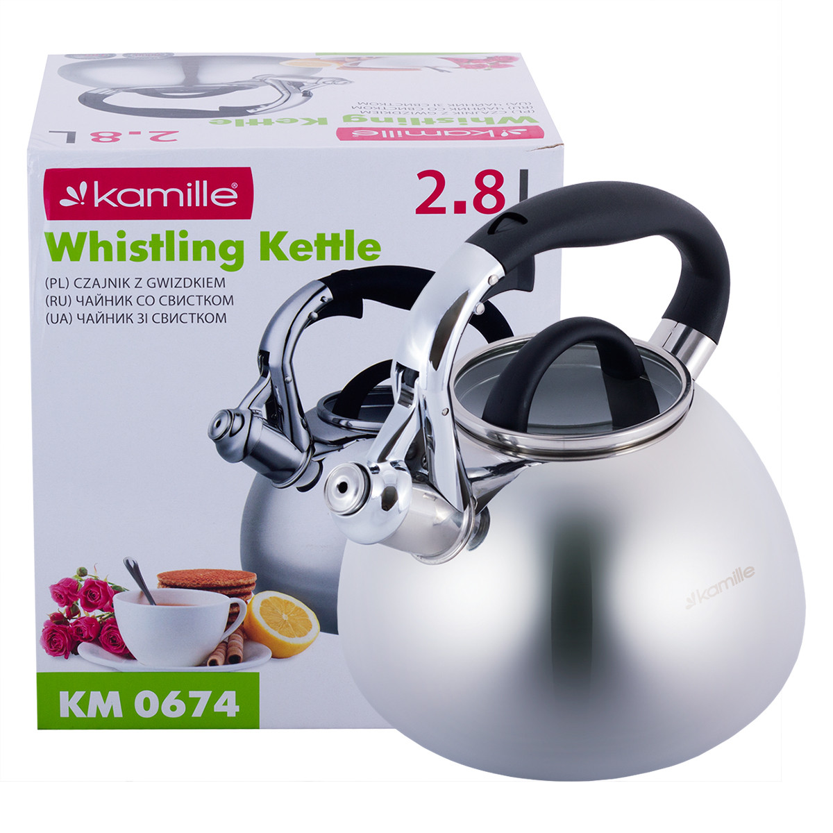 Чайник Kamille 2.8 л з нержавіючої сталі зі свистком і скляною кришкою для індукції і газу KM-0674