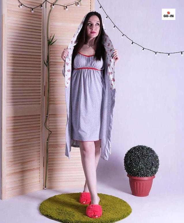 Комплект молодежный халат с ночной, для беременных и кормящих мам серый р.42-54