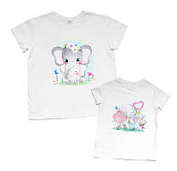Пара футболок с принтом для мамы и дочки "слоники" Family look