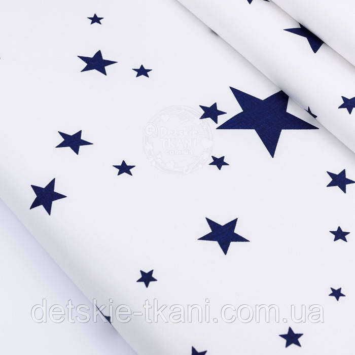 Сатин "Сині великі та малі зірки на білому тлі", №2759с, фото 1