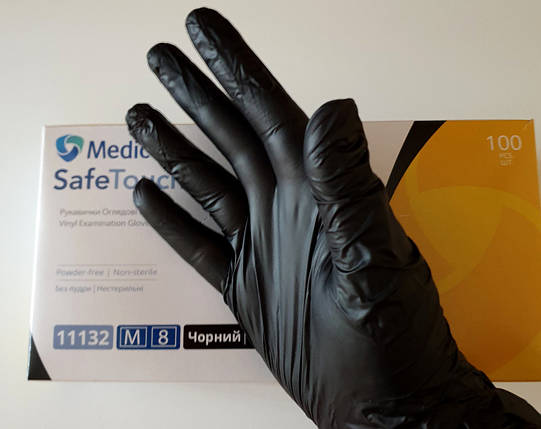Рукавички вінілові чорні Medicom без пудри 100 шт./уп, фото 1