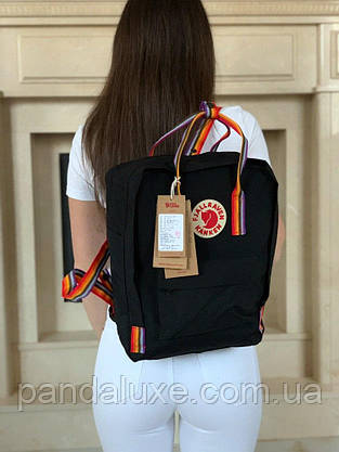 Рюкзак стильний канкен Fjallraven Kanken Rainbow 16л чорний з різнокольоровими (райдужними) ручками, фото 5