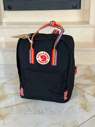 Рюкзак стильний канкен Fjallraven Kanken Rainbow 16л чорний з різнокольоровими (райдужними) ручками, фото 6
