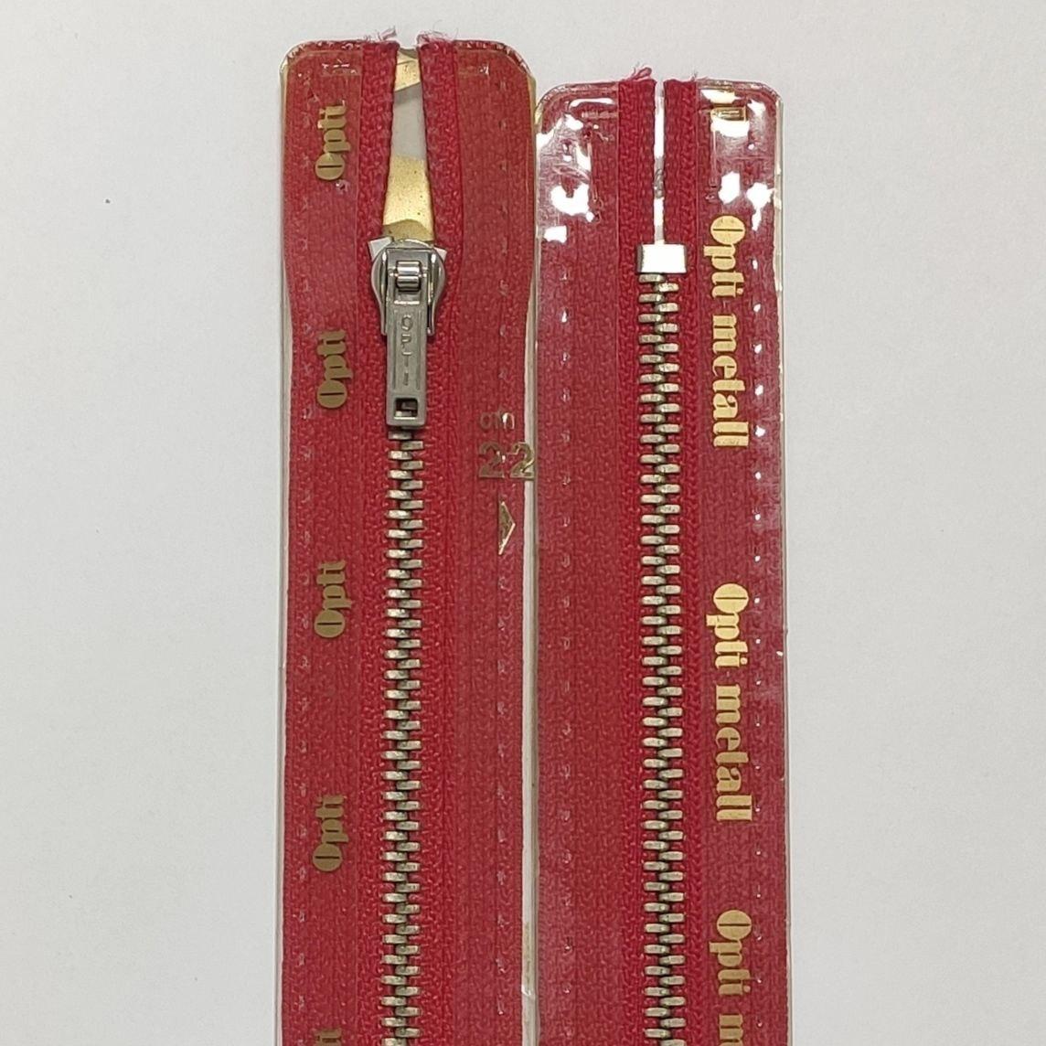 Металеві блискавки OPTI, ZIPP нероз'ємні 22 см із механічним фіксатором кольору Червоний