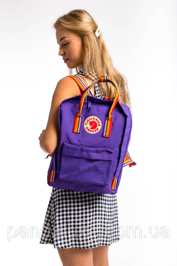 Рюкзак стильний канкен Fjallraven Kanken Rainbow 16 л фіолетовий з різнобарвними (веселковими) ручками, фото 1