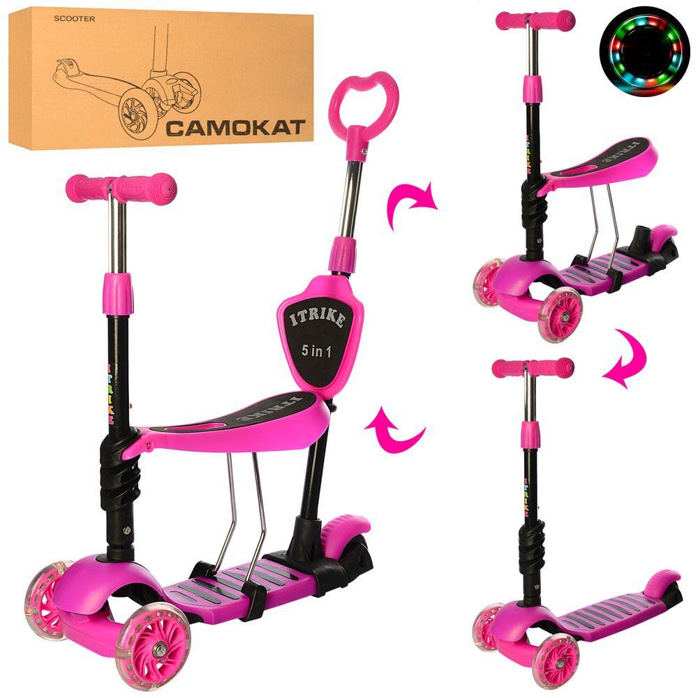 Самокат дитячий біговел 5 в 1 iTrike JR 3-026-P рожевий з батьківською ручкою, фото 1