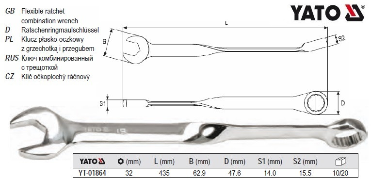 Ключ ріжково-накидний, кручений 90° YATO : М=32 x 435 мм, Cr-V YT-01864