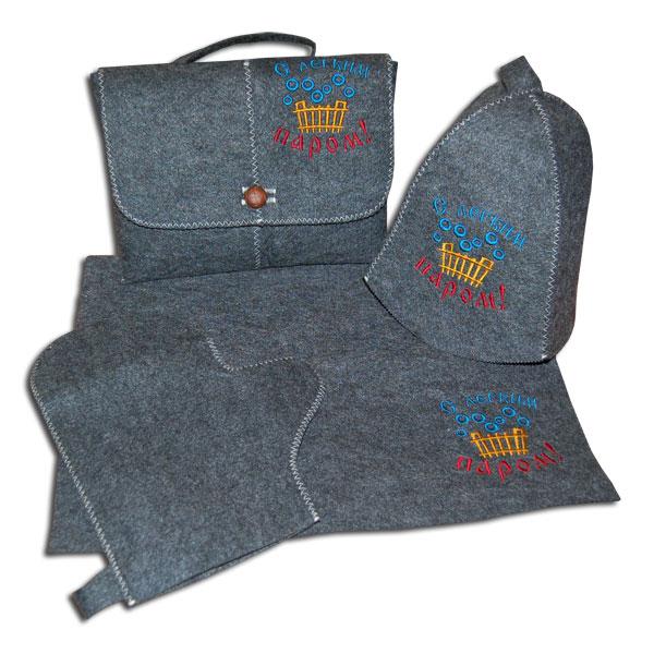 Набір подарунковий для лазні "С легким паром" (шапка+килимок+рукавиця) сірий