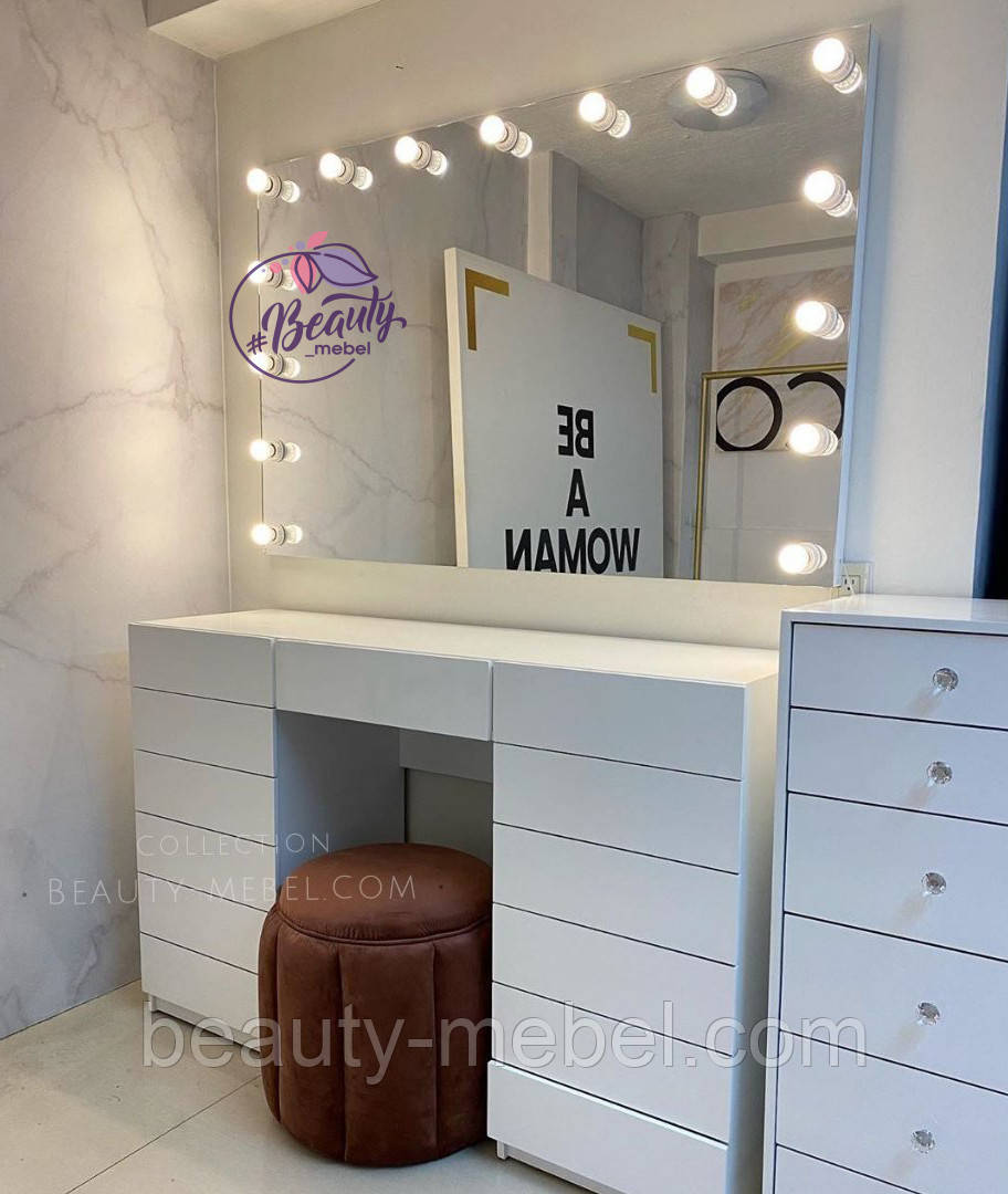 Стіл візажиста, гримерный столик з високим дзеркалом, колір - білий, фото 1