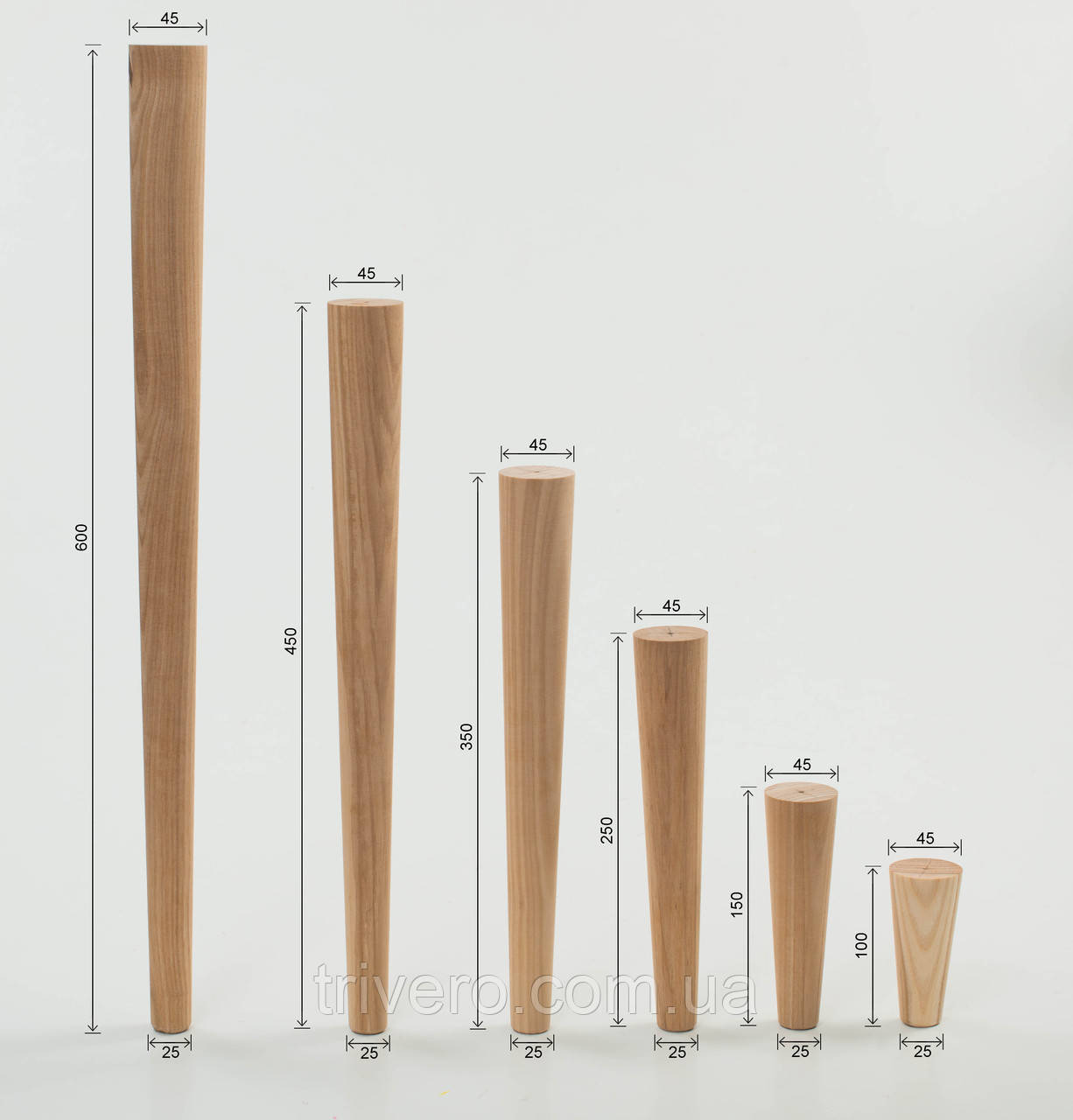 Меблева ніжка конусна з дерева,  ДУБ, D. 45 - 25 мм, фото 1