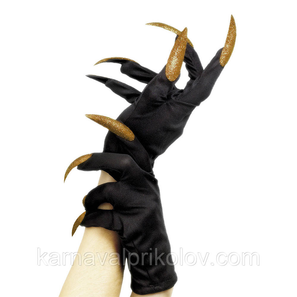 Рукавички Хелловін з кігтями 27см (чорні із золотим)