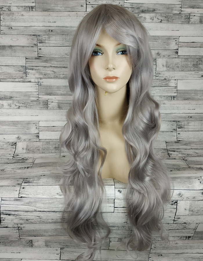 Перука сіра попеляста довга хвиляста з довгим чубчиком жіноча для жінок 80см зі штучного волосся, фото 1