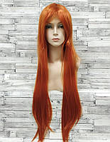 Перука руда мідна помаранчева довга пряма з довгим чубчиком жіноча для жінок 80см зі штучного волосся