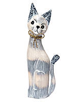 Статуетка кіт сірий димчастий дерев'яний з бантиком висота 50см