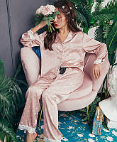 Пижама женская атласная на пуговицах. Комплект шелковый для дома, сна с длинным рукавом, р. L (розовый)