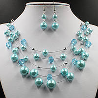 Комплект перловий намистини та сережки жіночі довгі паради планет бірюзовий колір 50х5х1,2 см