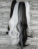 Перука різнокольорова чорно-біла з двома хвостами Лоліта хвиляста довга 65см жіноча штучна з довгим чубчиком, фото 4