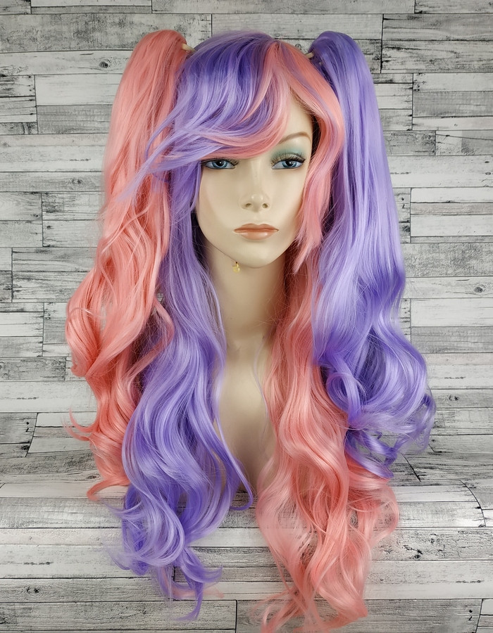 Перука різнокольорова рожева з фіолетовим з двома хвостами Лоліта хвиляста довга 65см жіноча штучна з довгим, фото 1