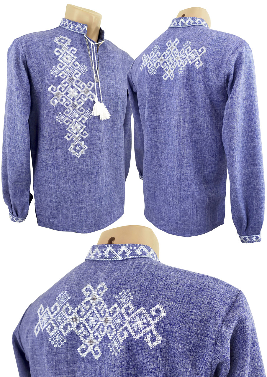 Чоловіча сорочка на довгий рукав із коміром стійкою в вишивкою на спині