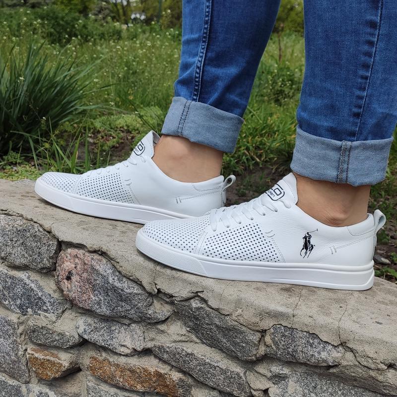 Кеди, кросівки, снікерси чоловічі шкіряні US Polo білі з перфорацією, фото 1