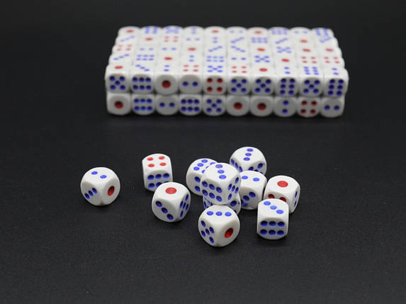 Кістки гральні Duke для покеру та настільних ігор, білі з червоно-синіми крапками, розмір 12 мм, фото 2