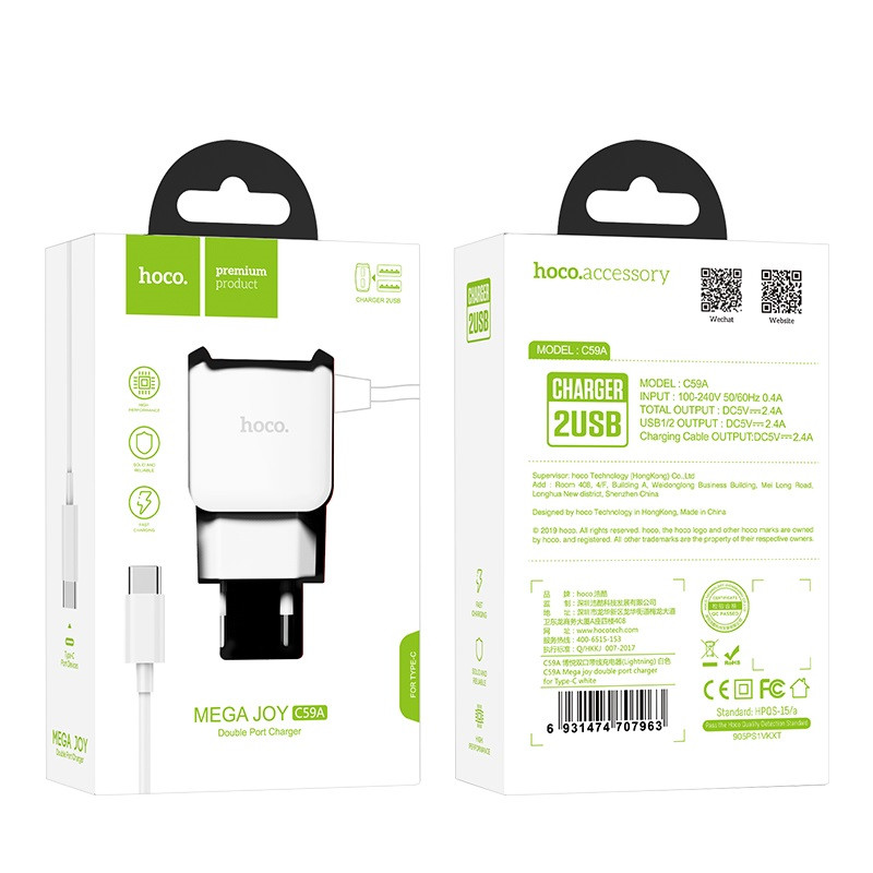 Мережевий зарядний пристрій Original Hoco C59A Mega joy з Type-C (EU) (2 USB, 2.4A)