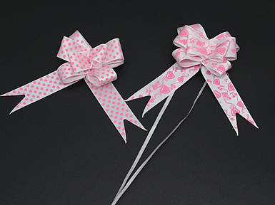 Бант подарунковий стрічковий на затяжках для пакування подарунків і декору Колір біло-рожевий. 5х8 см
