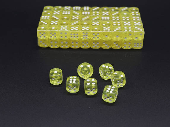 Жовті кубики для настільних ігор покеру 14 мм, напівпрозорі, заокруглені з білими крапками, фото 2