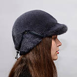 Жіноча хутряна шапка із цільного хутра норки "Жокейка з відворотом" Баклажан, фото 2