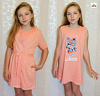 Комплект літній дитячий нічний і халат трикотажний для дівчаток персик 36-42р.