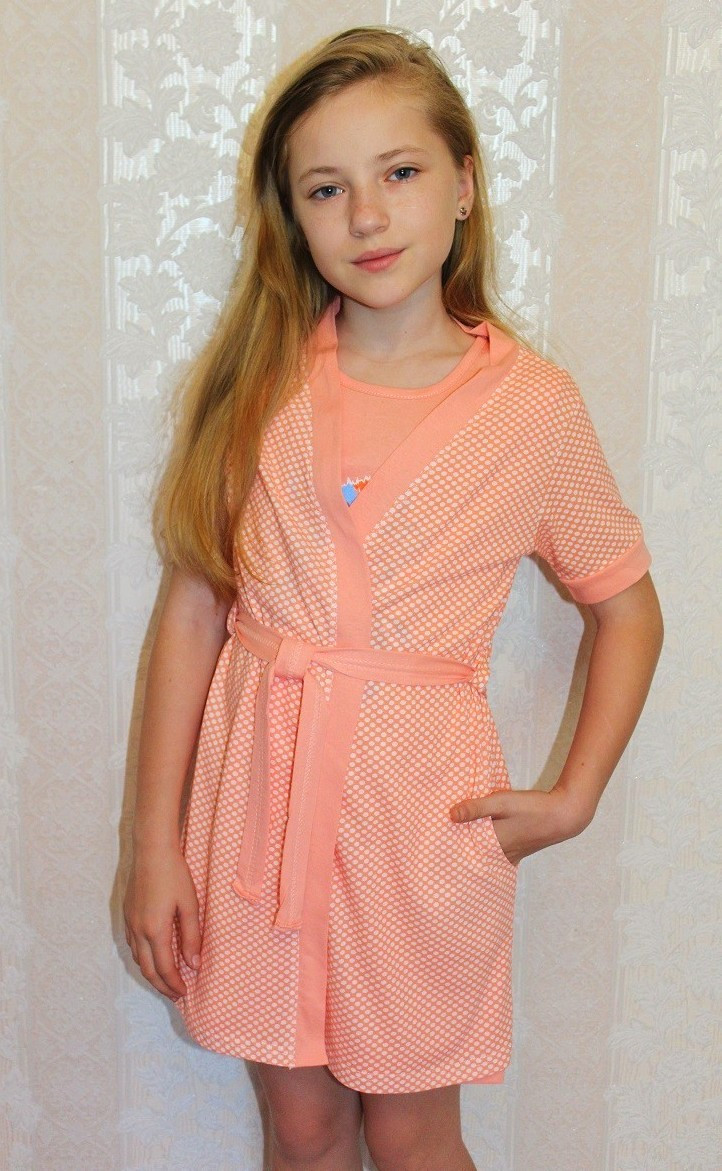 Комплект летний детский ночная и халат трикотажный для девочек персик 36-42р. - фото 2 - id-p1194546888