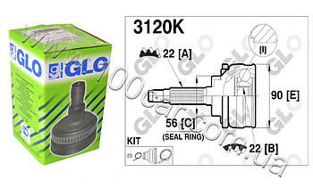 Шрус зовнішній GLO 3120K для ВАЗ 2121, зовнішнє зубчасте з'єднання з боку колеса: 22, внутрішнє зубчасте з'єднання з боку колеса: