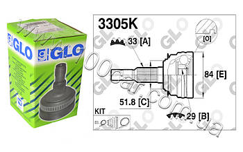 Шрус зовнішній GLO 3305K для Daewoo Lanos 1.6 16V без ABS, зовнішнє зубчасте з'єднання з боку колеса: 33, внутрішнє зубчасте